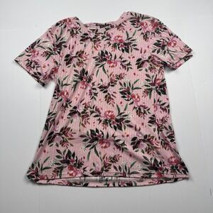 Emily Stacy Shirt Womens 2XL Pink Floral Print Short Sleeve Ribbed Knit Top